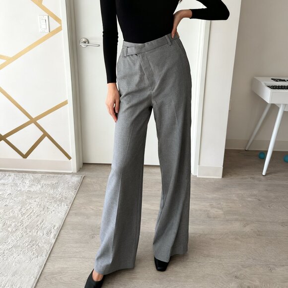 ZARA Woman 100% Wool Asymmetric Waist Wide-Leg Trousers Gray Size M
